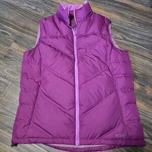 Cabelas Womens 650 Fill Goose Down Puffer Vest Purple Chevron Quilted Small S/P